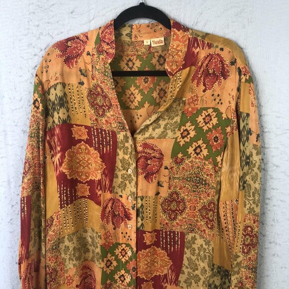 Tianello Shirt Womens Small Patchwork Floral Rayon Boho Made USA Button Front - Picture 11 of 16